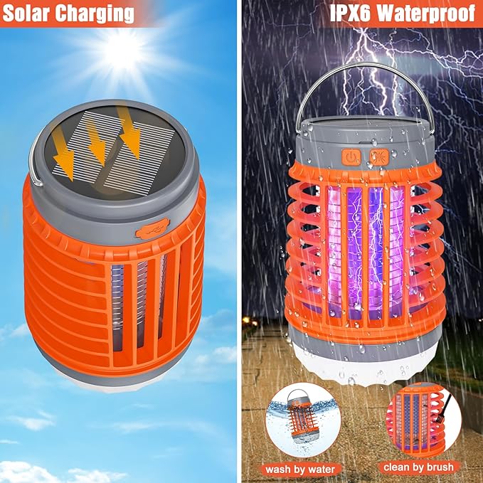 2 Pack Solar Bug Zapper Outdoor Waterproof Mosquito Zappers for Patio, 3 in 1 Cordless Rechargeable Mosquitoes Repellent Outdoor Patio Flashlight, Mosquito Killer Indoor - Orange