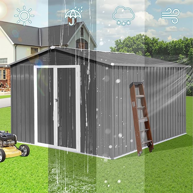 Sheds & Outdoor Storage 12 ft × 10 ft Storage Shed Large Classic Apex Roof Metal Garden Storage Sheds with Hinged Door Tool Cabinet for Backyard, Patio, Poolside, Gray