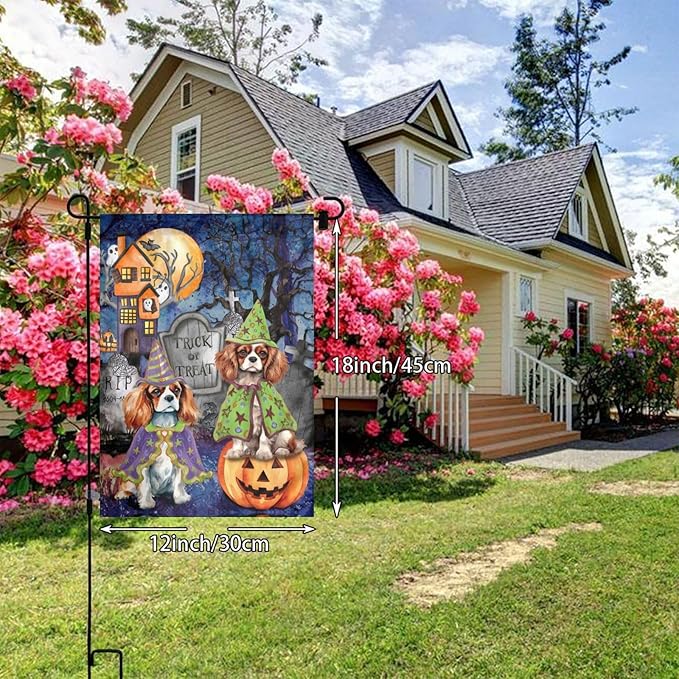 Beagle Dog Halloween Tombstone Scary Pumpkin Garden Flag Welcome Party Outdoor Outside Decorations Picks Home House Garden Yard Decor 12x18 Inch