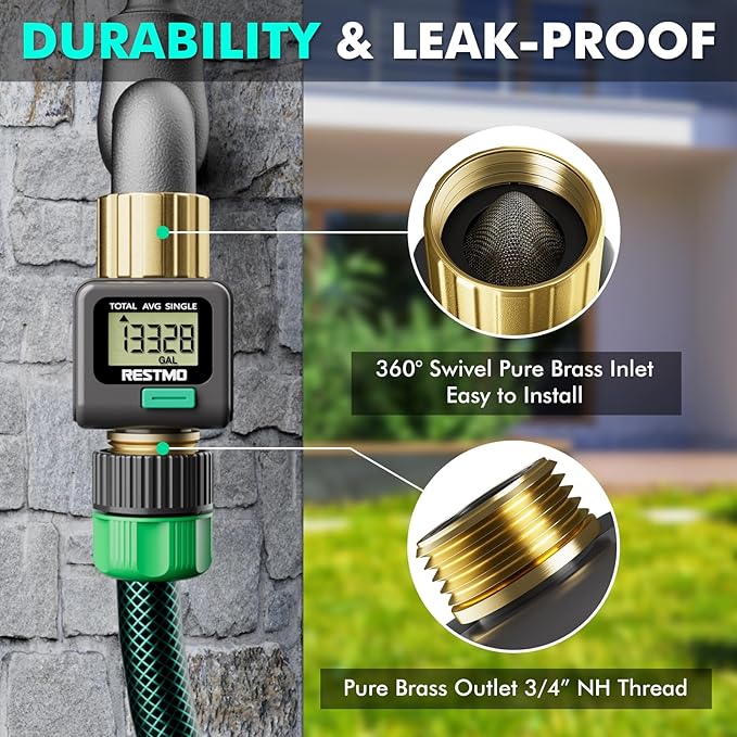 [2 Pack] RESTMO Water Flow Meter, Pure Brass Inlet & Outlet | 4 Measure Modes | Display Gallon/Liter Usage and Flow Rate | Ideal to Outdoor Garden Hose, Lawn Sprinkler Watering, RV Water Tank Filling
