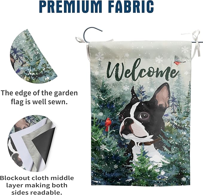 Welcome Winter Garden Flags Boston Terrier Garden Flag Cardinal Birds on Snowy Pine Tree Flag Dog Yard Flags for Outside 12x18 Double Sided Christmas Decorative Lawn Flags