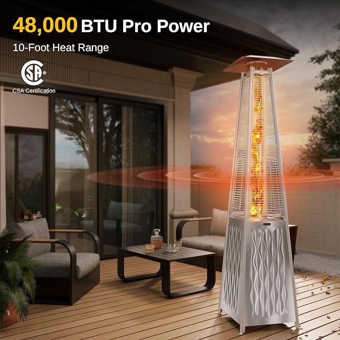 EAST OAK Pyramid Patio Heater, 48,000 BTU Outdoor Patio Heater All Stainless Steel, Quartz Glass Tube Propane Heater, Triple Protection System, With Wheels, Outdoor Heater for Commercial & Residential