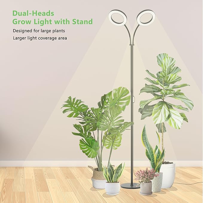 Grow Light for Indoor Plants, 2 Head Full Spectrum LED Tall Plant Lights with Timer, 3 Color Modes Standing Floor Growing Lamp, 70" Height Adjustable, 10 Dimmable Levels for Large Plants