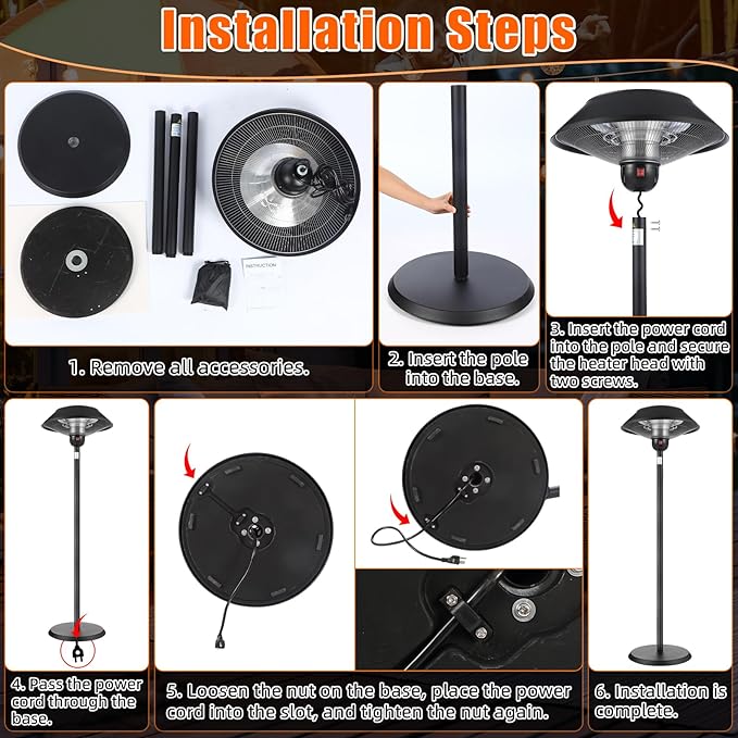 Patio Electric Outdoor Heater Stainless Steel 1500W Standing Infrared Heaters with Dust Cover for Indoor/Outdoor Use, 3 Heat Settings, Fast Heating, Height Adjustable, Tip-Over Protection
