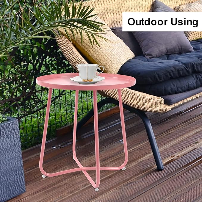 Babion Pink Round Side Table for Outdoor Patio, Yard, Garden, and Indoor Use - Small Steel Accent End Table