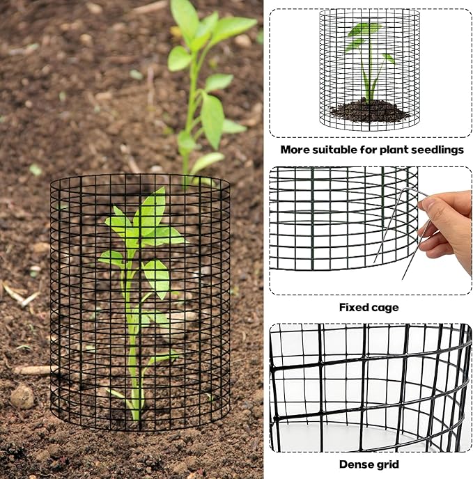 10 Pack 12" H X 4" D Wire Small Plant Protector from Animals, 10 PCS Small Metal Plant Cage Chicken Wire Cloche with Ground Stakes and Nylon Tie to Keep Animals Out, Garden Protection