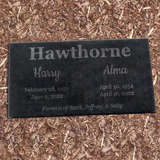 PlaqueMaker Black Granite Memorial Headstone for Two Lost Loved - Great for Your Garden, Tree Dedication, or in a Cemetery. Includes Your Text and Select Clipart (24 x 12 x 2)