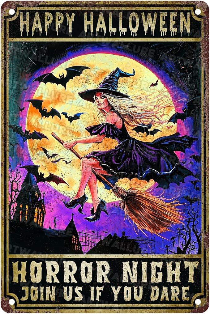 Halloween Spooky Witch Vintage Sign Witchy Bat Halloween Metal Tin Sign for Home Bar Kitchen Hotel Dining Room Coffee 8x12inch