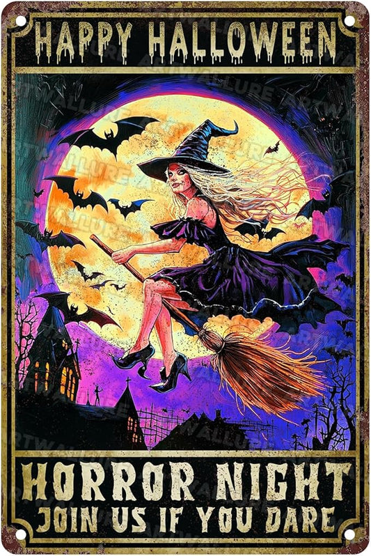 Halloween Spooky Witch Vintage Sign Witchy Bat Halloween Metal Tin Sign for Home Bar Kitchen Hotel Dining Room Coffee 8x12inch