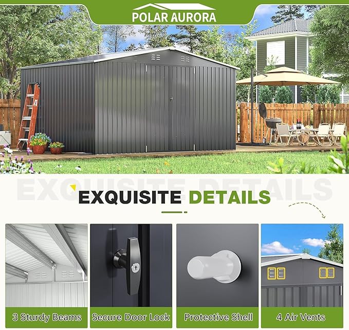 Polar Aurora Outdoor Storage Shed, Metal Garden Shed with Updated Frame Structure, Tool Sheds for Backyard Garden Patio Lawn (Black, 12x10 FT)