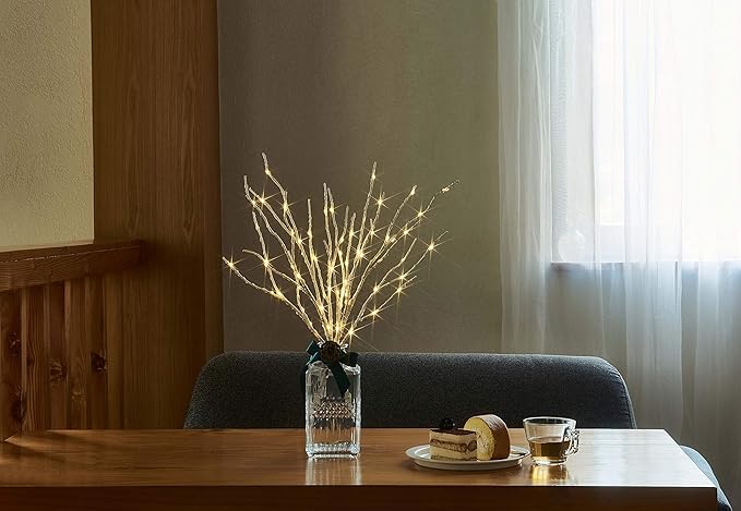 Fudios Lighted Birch Branches 18IN 70 Warm White LED with Timer Twig Lights Battery Operated for Christmas Wedding Party Decoration(2 Set)