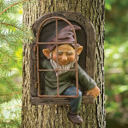 Gnome Tree Faces Decor Outdoor Statue, Whimsical Yard Art Decor Garden Fairy Sculpture for Fence Lawn Patio Porch Home, Tree Hugger Peeker 12 Inch Tall