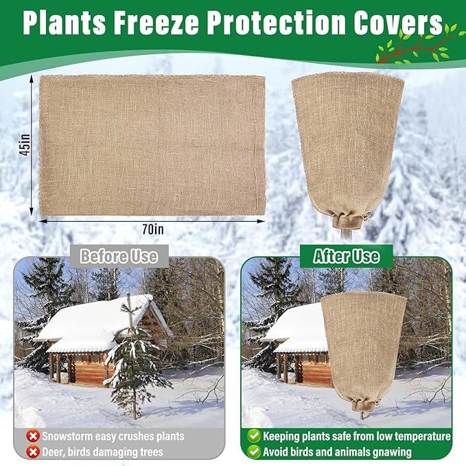 Riare 4 Packs 45 × 70 Inch Burlap Winter Plant Cover Bags with Drawstring- Reusable Large Burlap Sack Plant Frost Protector, Plant Frost Cloth Cold Tree Freeze Blanket for Outdoor Plants Fruit Shrubs