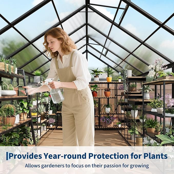 8x12 FT Greenhouse for Outdoors, Polycarbonate Greenhouse with Roof Vent, Ground Nails, Lockable Push Door, Aluminum Large Walk-in Green House for Outside Garden Backyard, Patio, Lawn