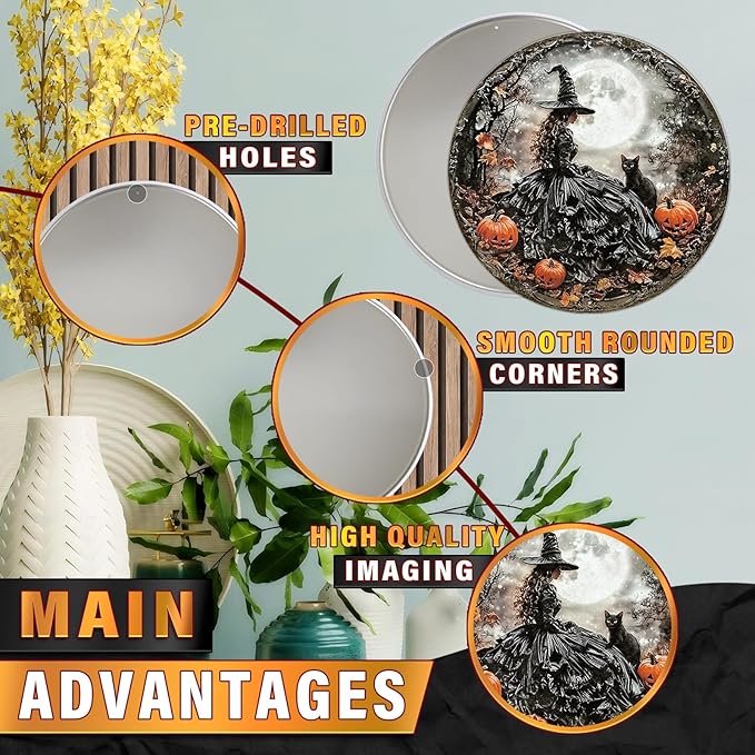 PEACHGARDEN Round Happy Halloween Black Cat Vintage Sign Halloween Witch Metal Tin Sign for Home Bar Kitchen Hotel Dining Room Coffee 8x8inch