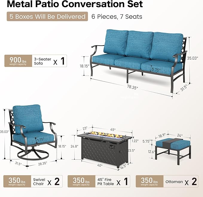 6 Piece Metal Outdoor Patio Furniture Set with Firepit Table, Patio Conversation Set 3-seater Sofa, 2 Swivel Chair, 2 Ottoman with 5.75" Thick Cushion, Black Backyard Furniture, Blue-2