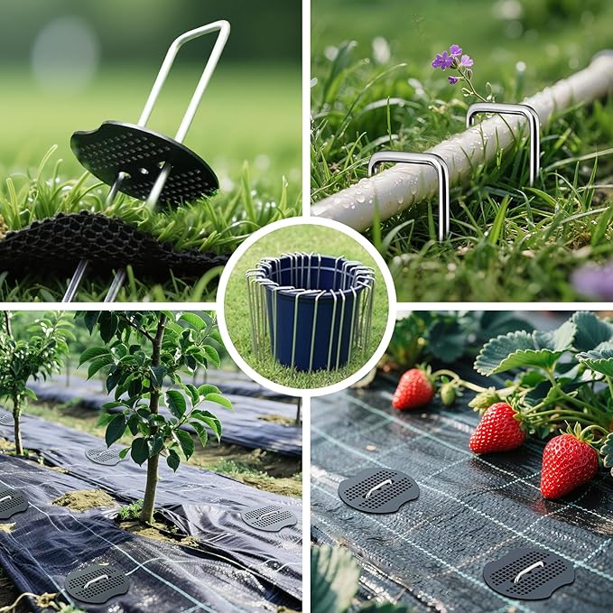 100Pcs Landscape Fabric Stakes 6 Inch + 100Pcs Gaske+Pick Hook+Rubber Mallet, Weed Barrier Stakes 11 Gauge U Shaped Galvanized Landscape Pins Yard Ground Pin for Weed Barrier Sod Fabric Decoration