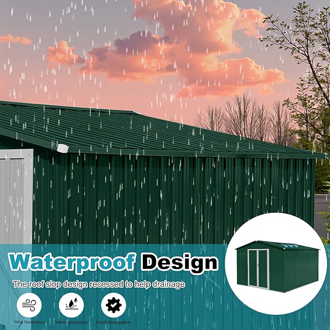 8x10 FT Outdoor Storage Shed, Metal Tool Shed with Lockable Doors, Peaked Roof & Frame Floor, Garden Shed with Vented Design for Backyard Garden Patio Lawn, Green+White