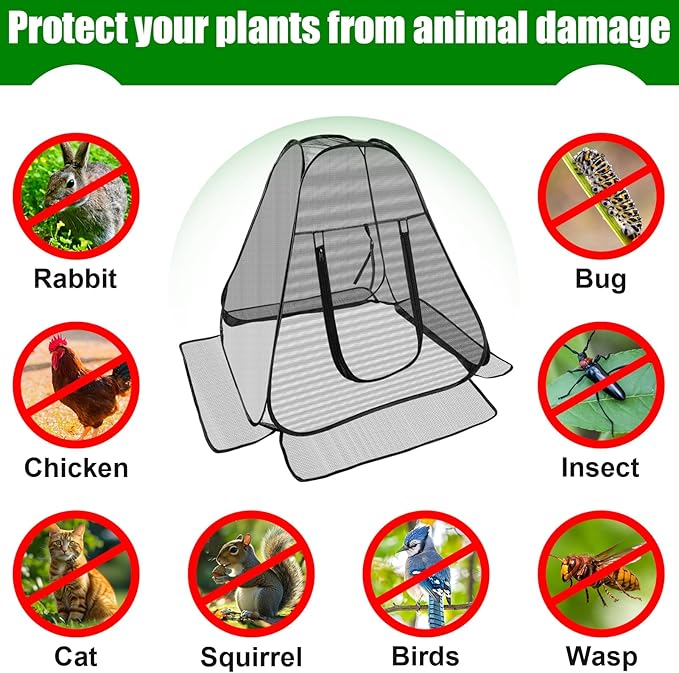 RGQSUN 2 Pack 28 x 28 x 32 Inch Pop-up Gardening Net Cover,Pest Guard Cover with Zip Entry and 8 Stakes,Fine Mesh Plant Tents for Vegetables Fruits Flowers