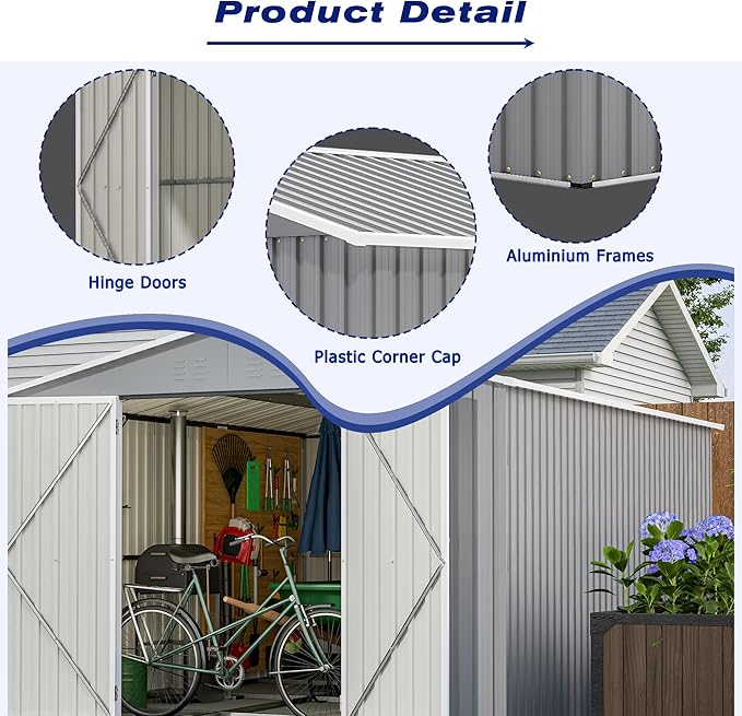 8×12 FT Storage Shed with 1 Lockable Door and Vents,Metal Aluminum Waterproof Tool Sheds,Heavy-Duty Sheds Unit W/Floor Frame,Lock & Key,Garden Shed for Storing Bicycles,Barbeques,Gray