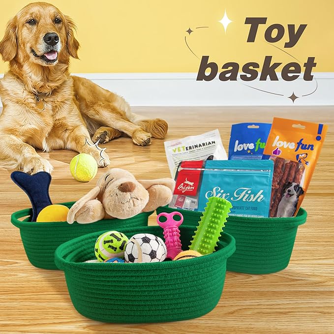 Pro Goleem Small Woven Basket with Gift Bags and Ribbons Durable Baskets for Gifts Empty Small Rope Basket for Storage 12"X 8" X 5" Baby Toy Baskets with Handles, Green