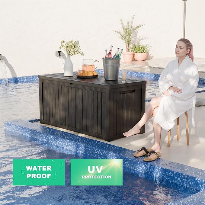 ROJIK Outdoor Storage Housing Deck Box - Waterproof Patio Furniture, Garden Tools, Cushions, Pool Accessories Storage Bench with Lockable Lid and Side Handles (Black, 180 Gal)