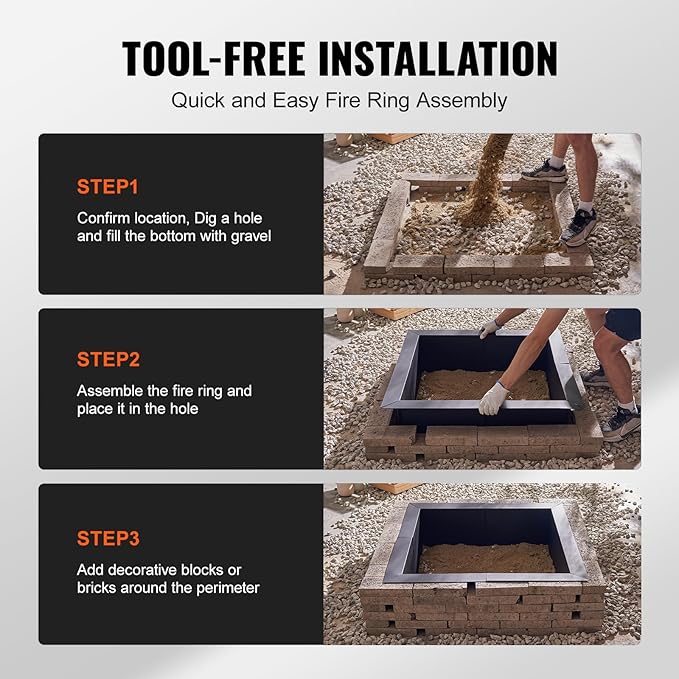 VEVOR Fire Pit Ring, 42x42 in Outer/36x36 in Inner Diameter, 10inch Height Square Fire Pit Insert, Heavy Duty Carbon Steel Liner DIY Campfire Ring Above or In-Ground, for Outdoor Camping, Bonfires