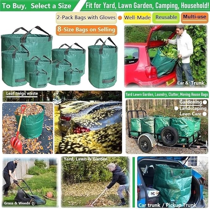 Professional 2-Pack 80 Gallon Large Yard Garden Bags (D26, H33 inch) W/Gardening Gloves for Yard Waste,Leaf Bags,Lawn Debris Bag,Garden Trash Container,Recycle Bin,Grass Clippings,Weeds Bag 4 Handles
