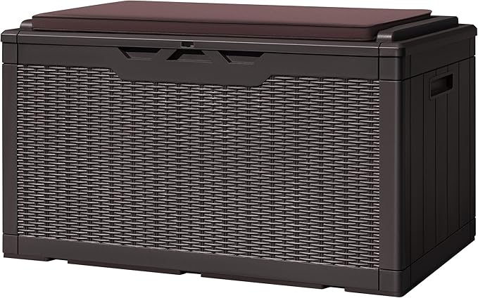 Greesum 100 Gallon Resin Deck Box Large Outdoor Storage with Cushions for Patio Furniture, Garden Tools, Pool Supplies, Weatherproof and UV Resistant, Lockable, Dark Brown