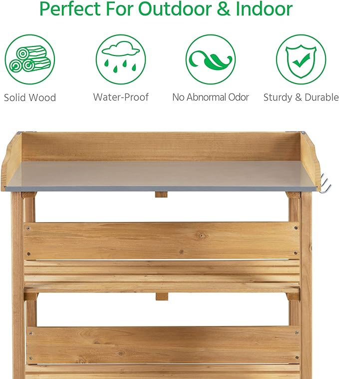 Yaheetech Outdoor Garden Potting Bench Table Wooden Horticulture Planting Worstation w/Metal Tabletop/Storage Shelf/3 Hooks, Natural Wood