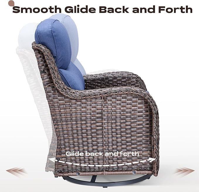 6 Piece Outdoor Patio Swivel Rocker Chairs, Waterproof Wicker, High Back, Deep Seating, Wide Armrest, Upgraded 6 inch Thick Cushions, Side Table, Ideal for Deck Porch Yard, Brown/Blue