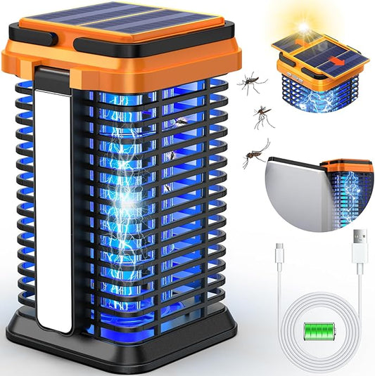 Rechargeable Solar Bug Zapper Outdoor & Indoor, Mosquito Fruit Fly Trap, Gnat Moths Catcher, 4200V Grid, USB Charging, 5000mAh Battery, Fit for Home, Kitchen, Backyard, Camping, Patio