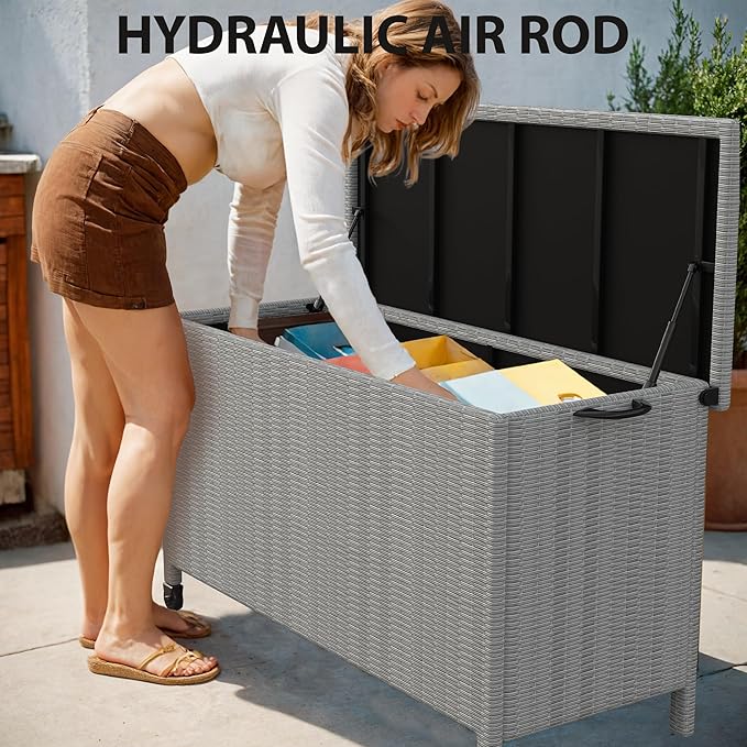 GarveeHome 150 Gallon Large Deck Box, Built-In Handles Patio Storage Box for Storage With Wheels, Rattan Waterproof Outdoor Bins for Cushions, Patio Furniture, Garden Tools(Grey)