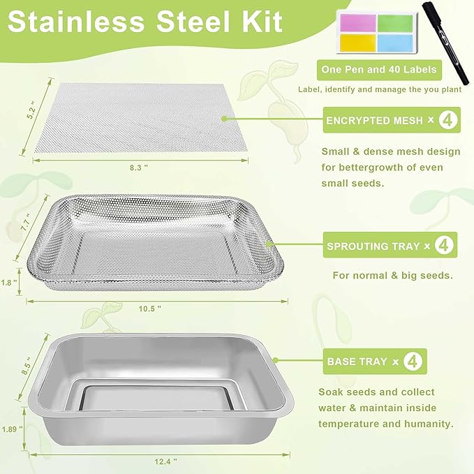 Stainless Steel Sprouts Growing Kit 4-Tier 12.4 inch Trays, Microgreens Growing Kit, Seed Sprouting Tray with Encrypted Mesh Sprouts for Beans Alfalfa Broccoli Wheat Grass