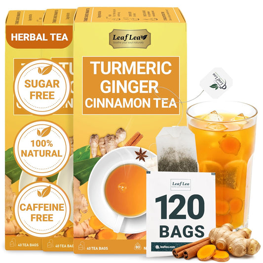 LeafLea Turmeric Ginger Cinnamon Tea, 120 Individually Wrapped Tea Bags, 100% Natural Herbal Blend with Pure Ginger and Turmeric, Supports Digestion & Immune Health, Caffeine-Free, No Sugar