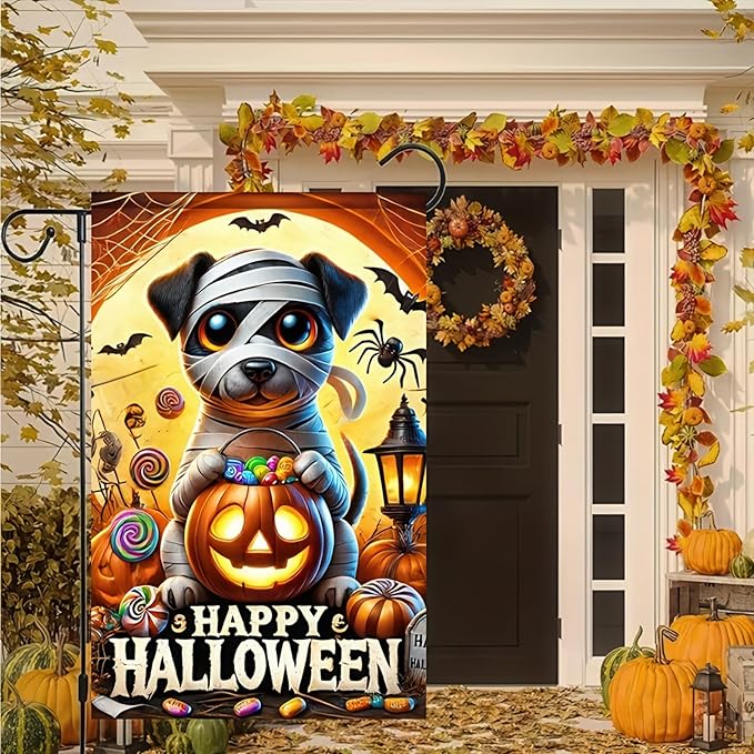 Happy Halloween Garden Flag 12x18 Double Sided Mummy Puppy Ghost Skeleton Dog Garden Flag Candy Trick or Treat Pumpkin Flag Halloween Decorations Banner Fall Décor Outdoor Lawn Yard Flag