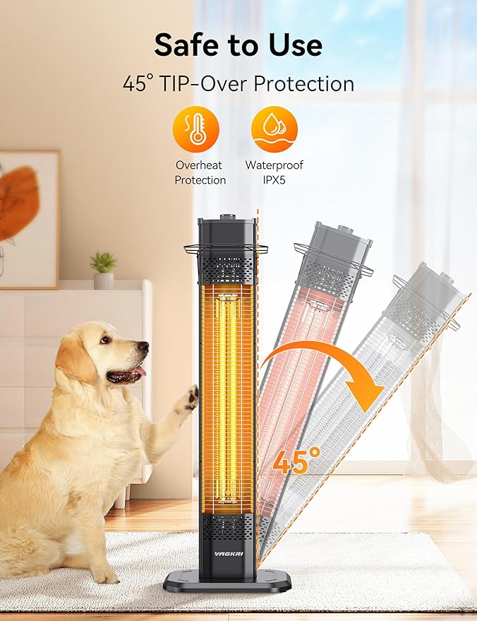 VAGKRI 36" Outdoor Infrared Heater, 1500W Space Heater with 3 Heat Levels, Tip-Over & Overheat Protection, IPX5 Waterproof Tower Electric Patio Heater for Backyard, Garage, Restaurant, Home