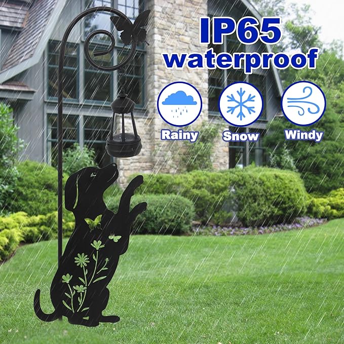 Solar Dog Lantern Garden Stakes - Outdoor Decorative Solar Lights for Yard, Patio, Pathway - Weatherproof Metal Dog Stake with Auto Night Lighting