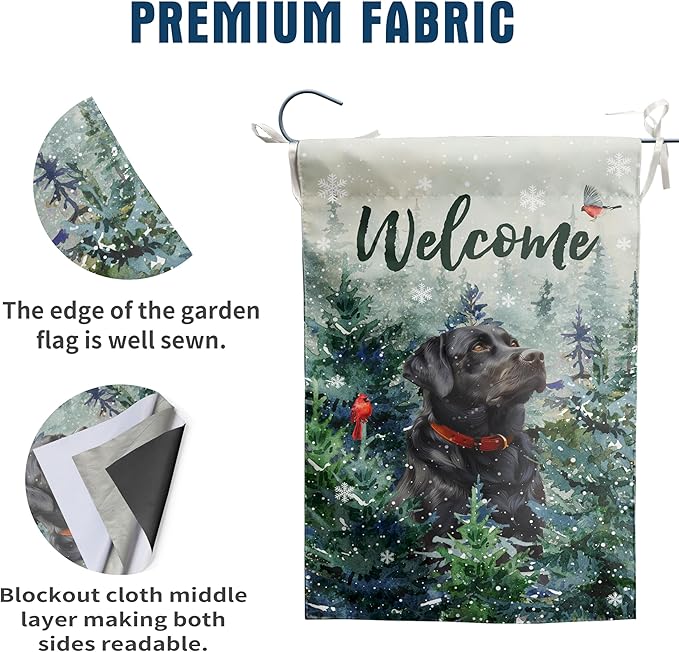 Welcome Winter Garden Flags Black Lab Garden Flag Cardinal Birds on Snowy Pine Tree Flag Labrador Dog Yard Flags for Outside 12x18 Double Sided Christmas Decorative Lawn Flags