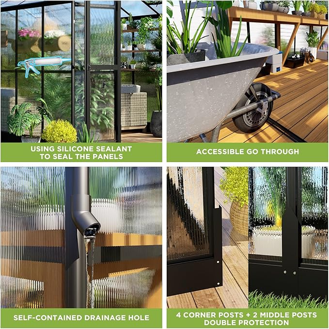 HOWE 8x10x7.5 FT Polycarbonate Greenhouse Double Swing Doors 2 Vents 5.2FT Added Wall Height, Walk-in Large Aluminum Greenhouse Sunroom Winter Greenhouse for Outdoors, Black (54FG-5)