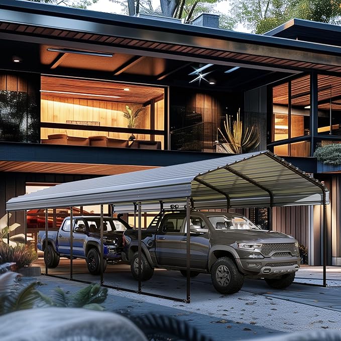 GREEN PARTY 12 x 30 ft Metal Carport Kits with Galvanized Steel Roof, Heavy Duty 2 Car Metal Carport Canopy, Outdoor Car Tent Metal Garage Shelter for Car, SUV, Truck and Boats, Grey