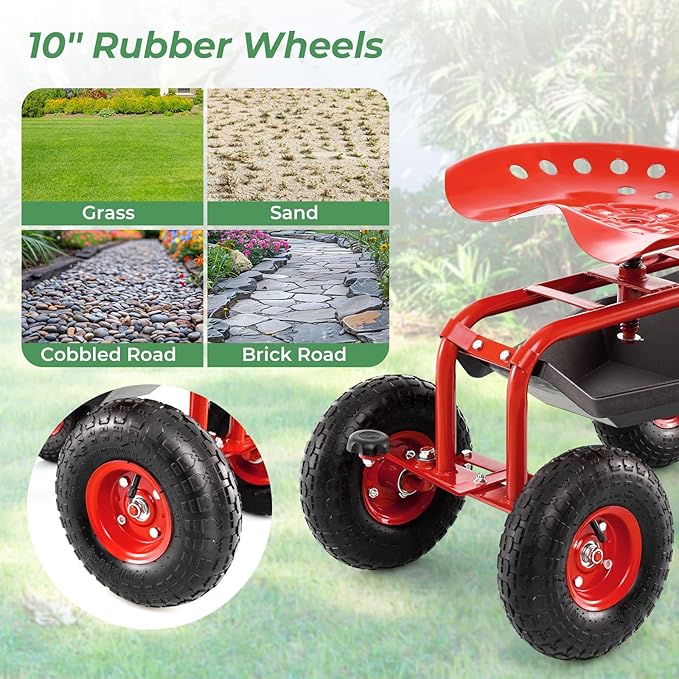 S AFSTAR Rolling Garden Cart, Wagon Scooter with 360° Swivel Seat, Storage Tray, Basket & Rubber Wheels, Heavy-Duty Gardening Tool Cart for Weeding, Patio & Yard (Red)