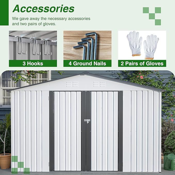 Outdoor Storage Shed, 10X8 FT Galvanized Steel Metal Shed, Lockable Waterproof Tool Storage Sheds for Garden, Patio, Lawn – Durable Storage Solution in Multiple Sizes