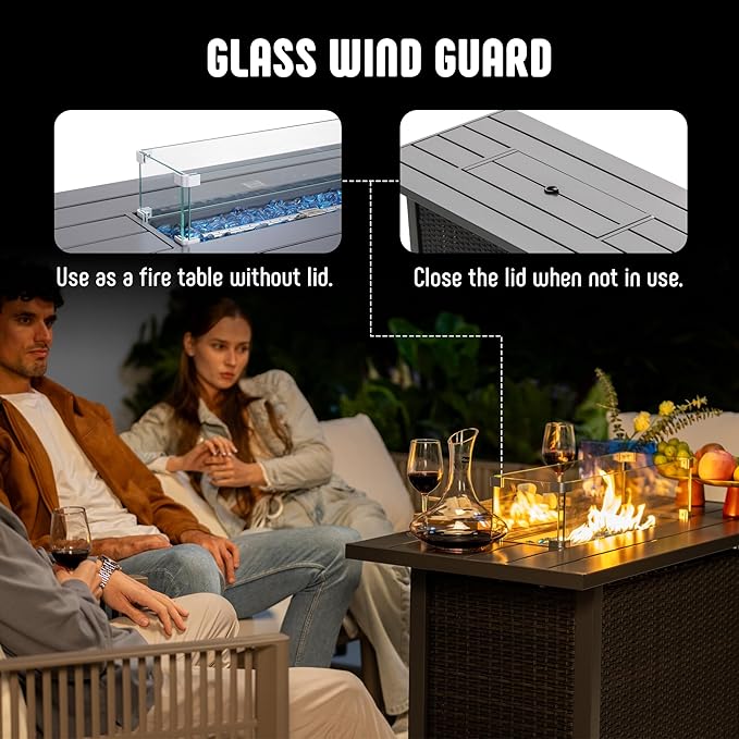 43" Propane Fire Pit Table with Rattan Fence, 50,000 BTU Gas Fire Pits for Outside Patio with Auto-Ignition, 2-in-1 Fire Table with Glass Stones,Wind Guard& Removable Lid, Black