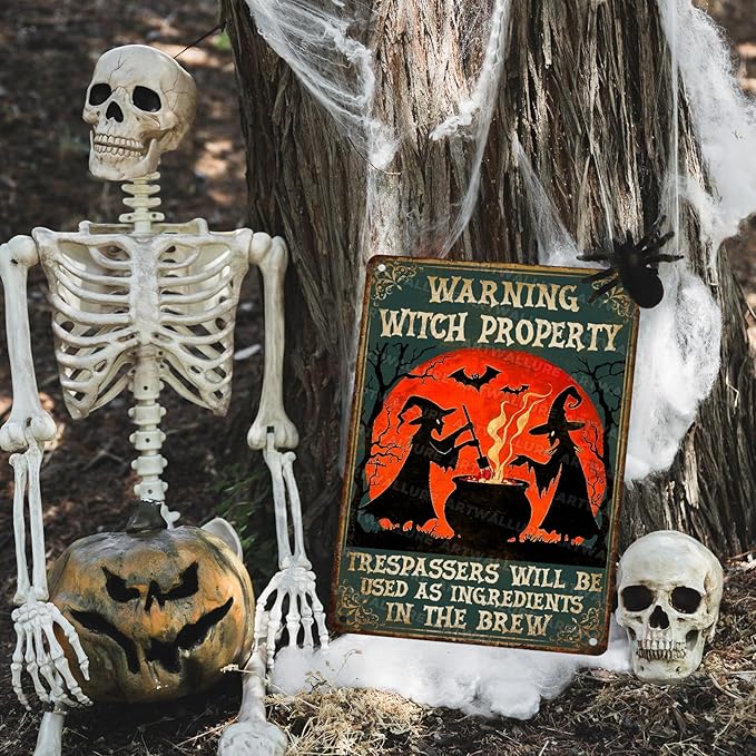 Witch Property Warning Vintage Sign Halloween Witch Metal Tin Sign for Home Bar Kitchen Hotel Dining Room Coffee 12x16inch