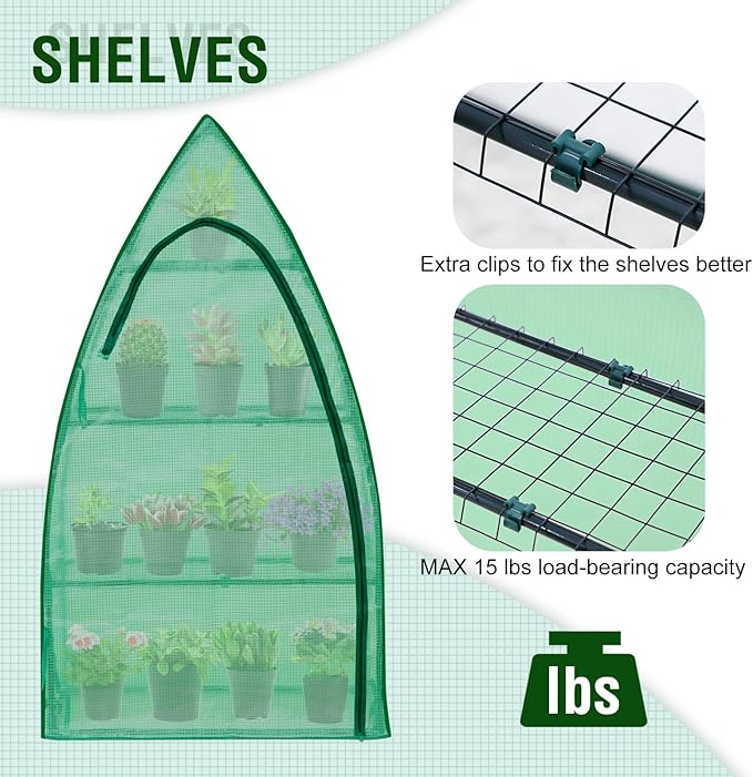 EAGLE PEAK Mini Greenhouse with Wire Shelves, Portable Indoor & Outdoor Green House with Roll-Up Zipper Door, 4 Tier, 35.4”x17.7”x63.0”, Clear/Green PE Cover