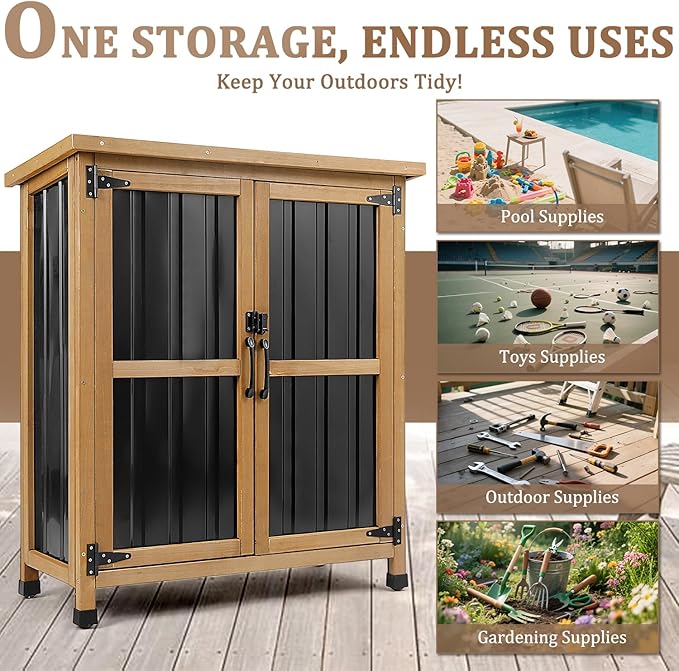 Weatherproof Outdoor Storage Cabinet with Lockable Doors, Wood & Metal Garden Storage Shed Patio Storage Box for Tools & Lawn Equipment, Pool Accessories