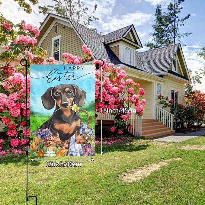 Flower Dachshund Dog Happy Easter Bunny Cute Egg Garden Flag Welcome Party Outdoor Outside Decorations Picks Home House Garden Yard Decor 12x18 Inch