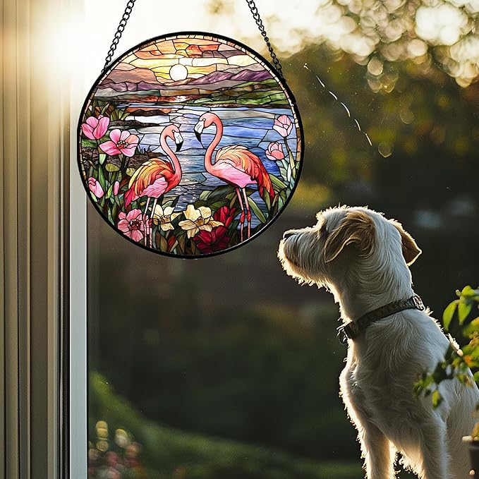 Stained Glass Window Hanging - Flamingo Wildflowers Landscape Suncatcher for Door Terrace Garden Home Decor Sunset Lake Sun Catcher Birthday Gifts for Lovers Women Men Dad Mom Nana 6.3 in