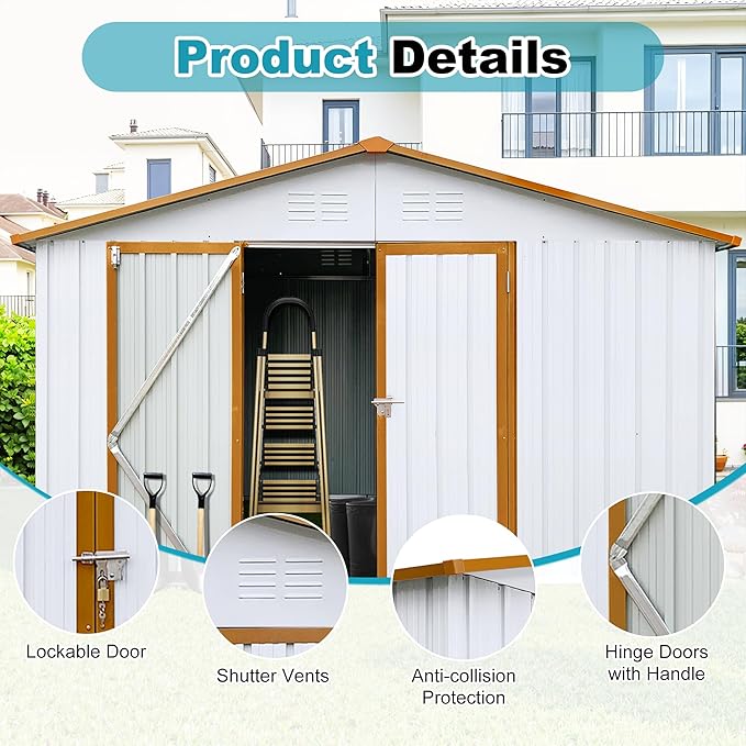 10x12 FT Outdoor Storage Shed, Metal Tool Shed with Lockable Doors & Peaked Roof, Garden Shed with Vented Design for Backyard Garden Patio Lawn, White+Yellow